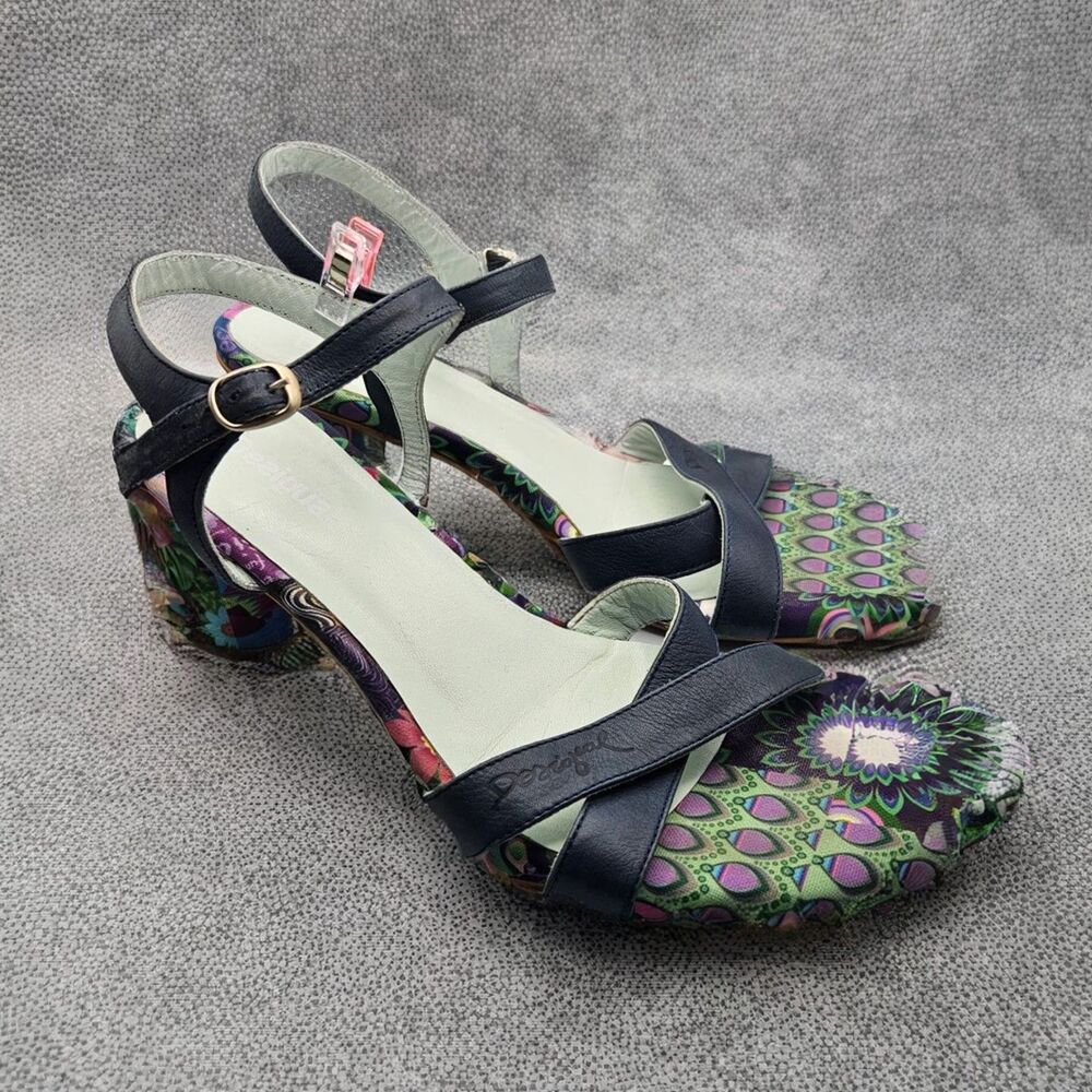 Desigual Sandals Bird Print Sandal Made in Spain Sz 38 US 7.5 $219 Cylinder Heel